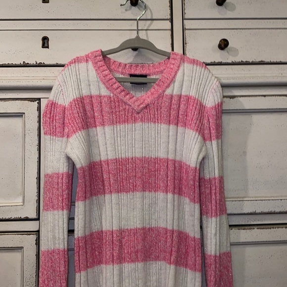 Faded Glory sparkle silver metallic pink white striped knitted sweater M (7-8) - Picture 5 of 7